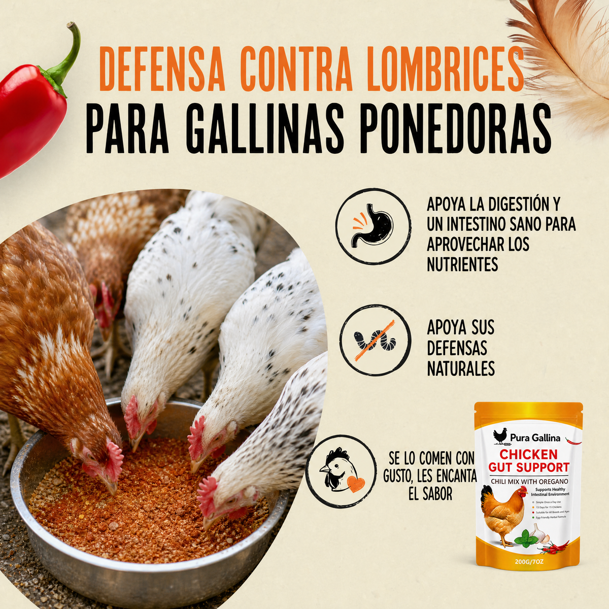 Pura Gallina  Suplemento natural de chile y orégano para gallinas