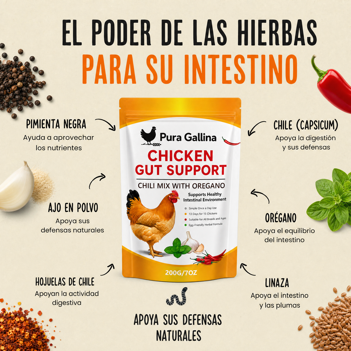 Pura Gallina  Suplemento natural de chile y orégano para gallinas